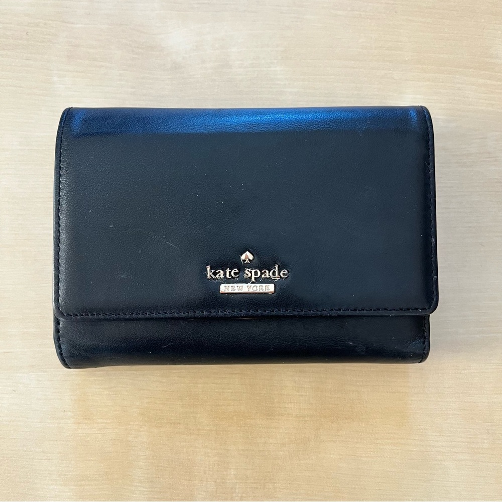 kate spade Black Leather Trifold Wallet with Gold Logo Plate